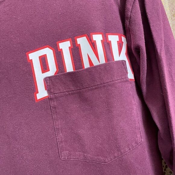 PINK Victorias Secret maroon/white logo campus long sleeve, size S - Picture 3 of 4
